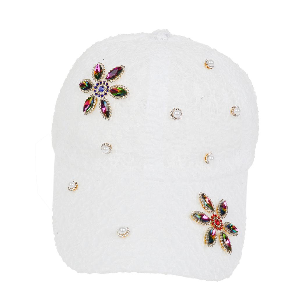 Rhinestone Pearl Flower Lace Baseball Cap, Women Breathable Mesh Adjustable Summer Sun Hat
