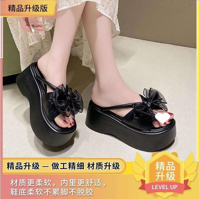 Fairy Wind Bow 6cm Thick Bottom Heightening Muffin Cool Slippers Female 2025 Summer New with Skirt One-word Drag