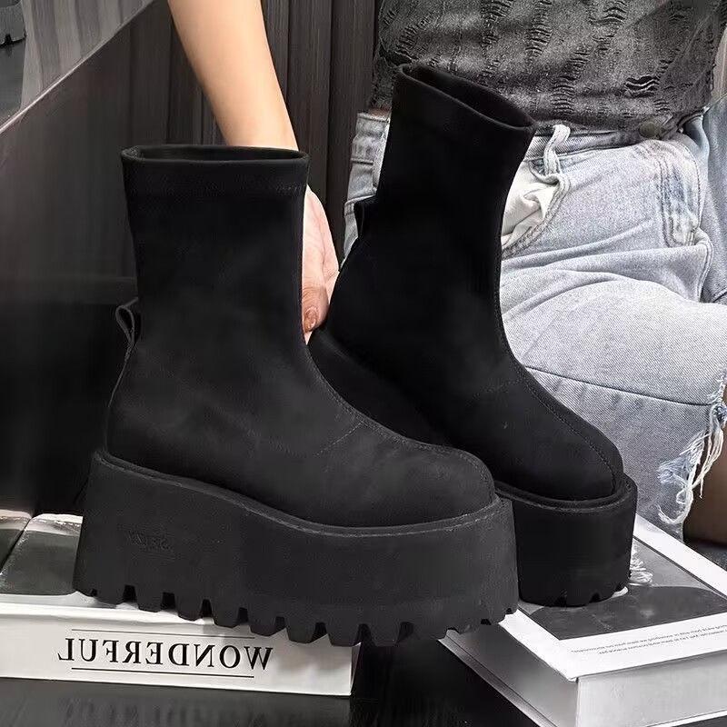 Elastic Thick-Soled Women's Winter Martin Boots 2025 - Black High-Heeled Height-Increasing Short Boots for Autumn