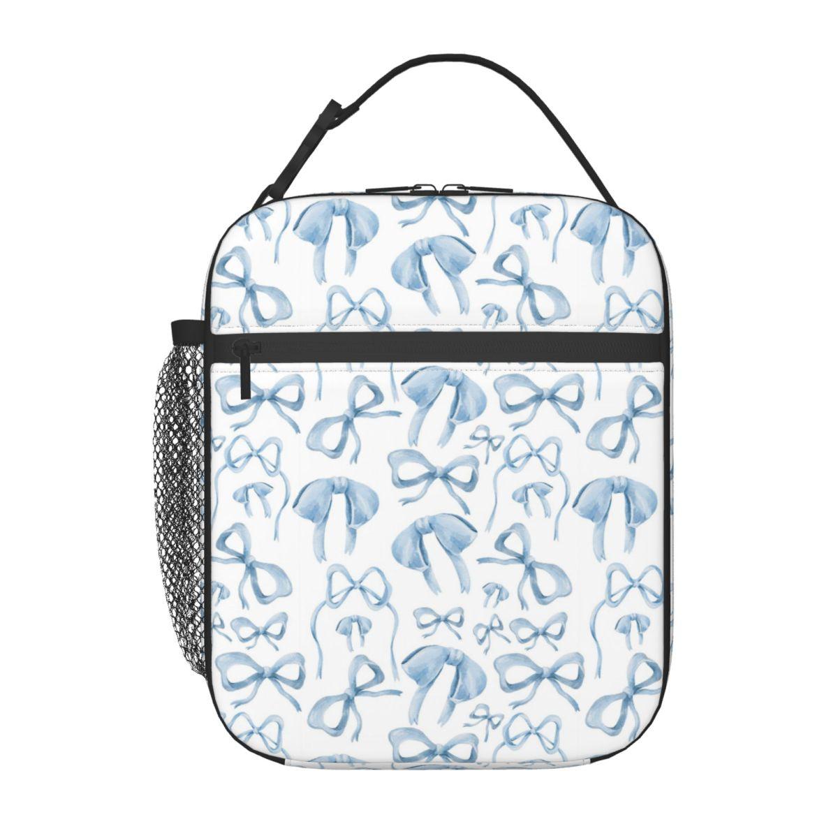 

Blue Bows On A White Backdrop Pattern Insulated Lunch Bag for Women Kids Portable Food Boxes Thermal Lunch Box Tote One Size
