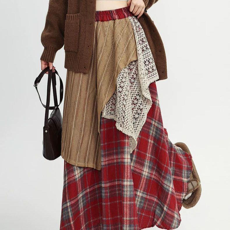 Retro High Waist Plaid Swing Skirt with Irregular Letter Patchwork in Red