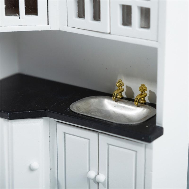 1/12 Dollhouses Kitchen Cabinet Miniature Furniture with Sink Craft Project Model Kitchen Room Scene Decorative Accessory