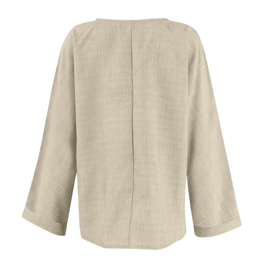 Women's Fashion Casual Solid Color V-Neck Live Button Long Sleeve T-Shirt Top