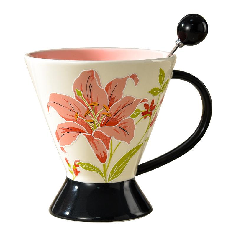 Good looking Embossed Coffee Cup with Spoon High End Exquisite Flower Mug Ceramic Design Niche Retro Features
