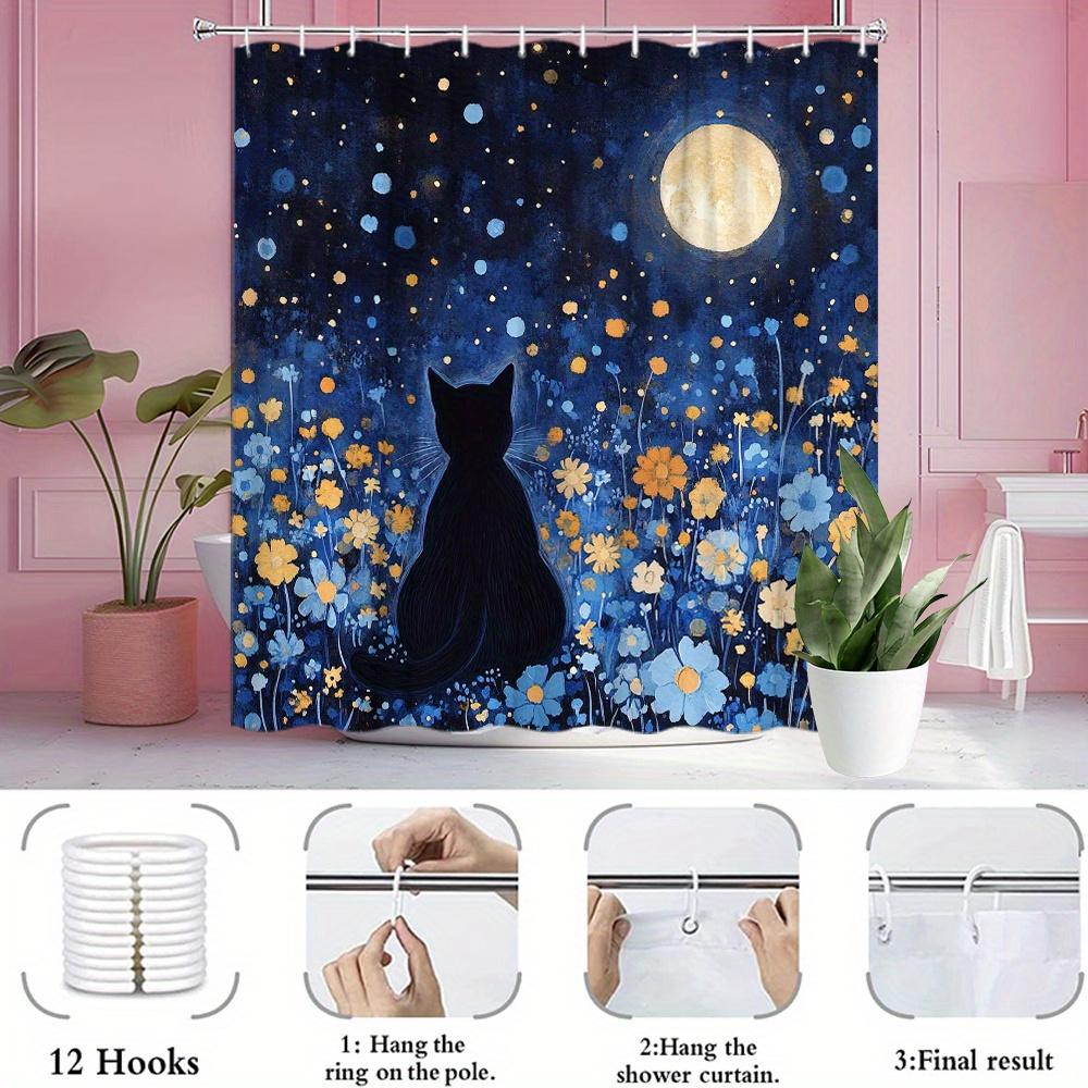 1Pc Black Cat Silhouette Shower Curtain With Starry Night Sky & Floral Design - Polyester Bathroom Decor, Includes 12 Hooks,