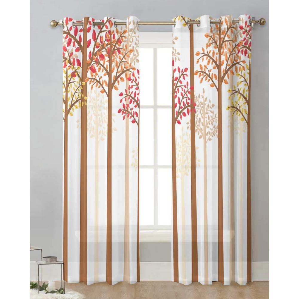 Cortinas Traslúcidas de Tronco de Árbol de Hojas de Otoño para Decoración de Dormitorio Sala de Estar Cortina de Ventana para Cocina Cortinas de Tul Voile Organza