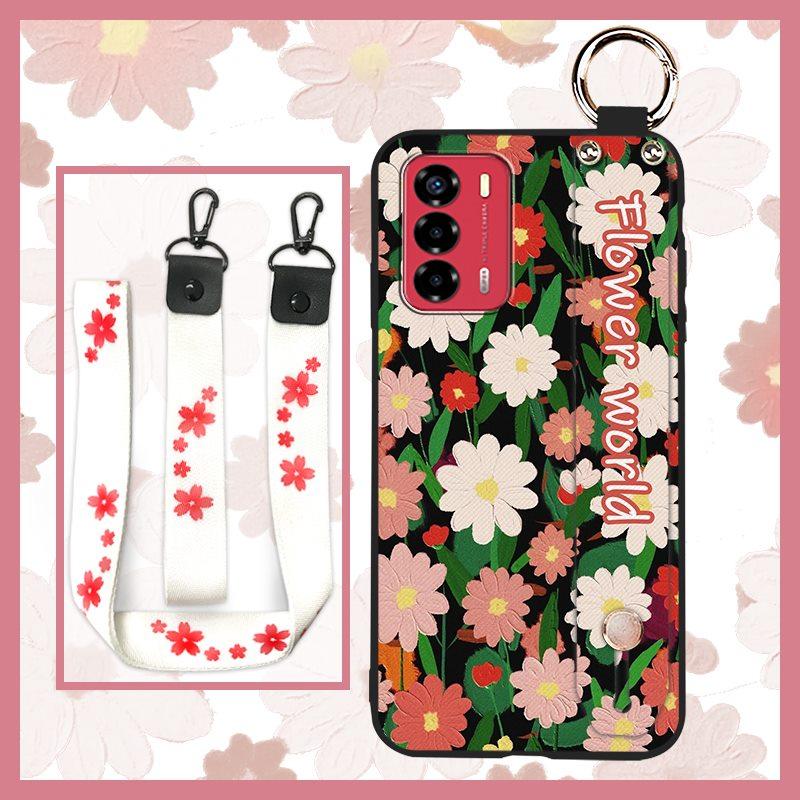 Durable Lanyard Phone Case For ZTE Blade V40 Vita/A72 Ring Anti-dust Fashion Design Silicone Kickstand Waterproof Flower