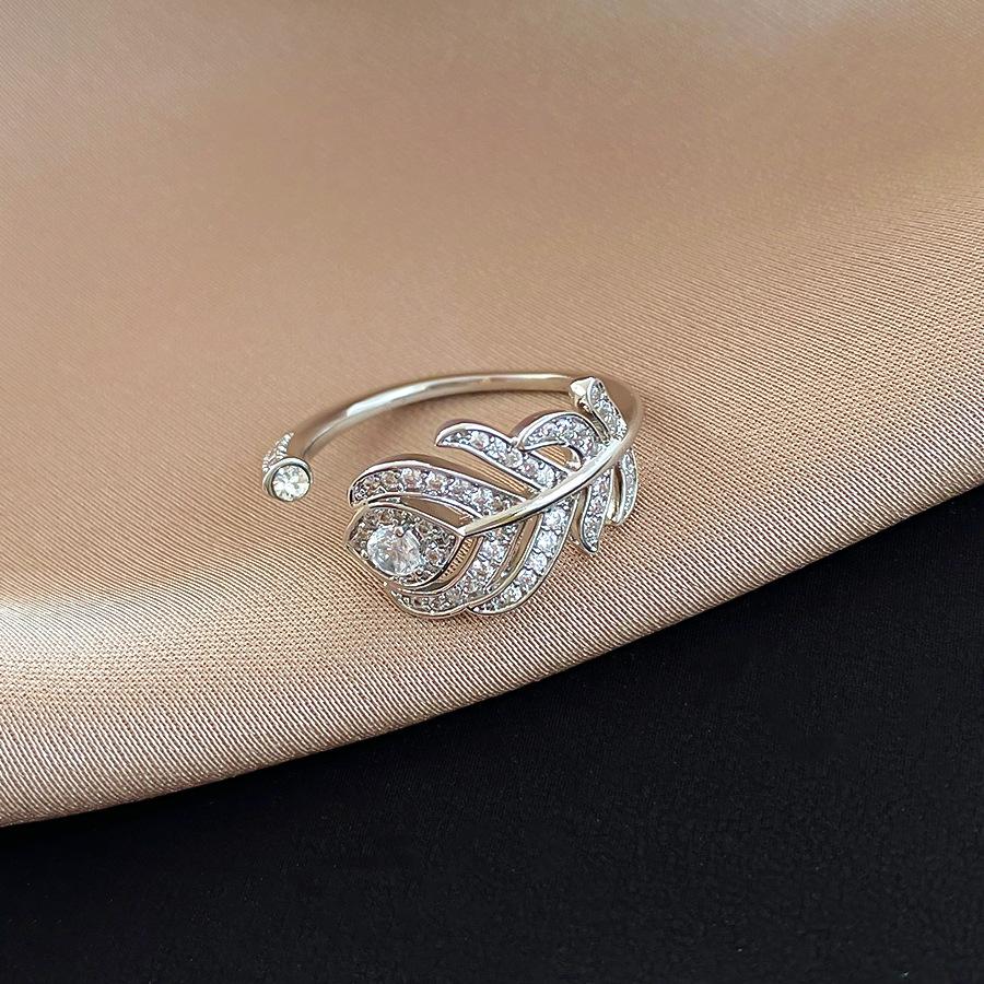 French retro exquisite zircon feather open ring niche index finger ring personalized simple jewelry
