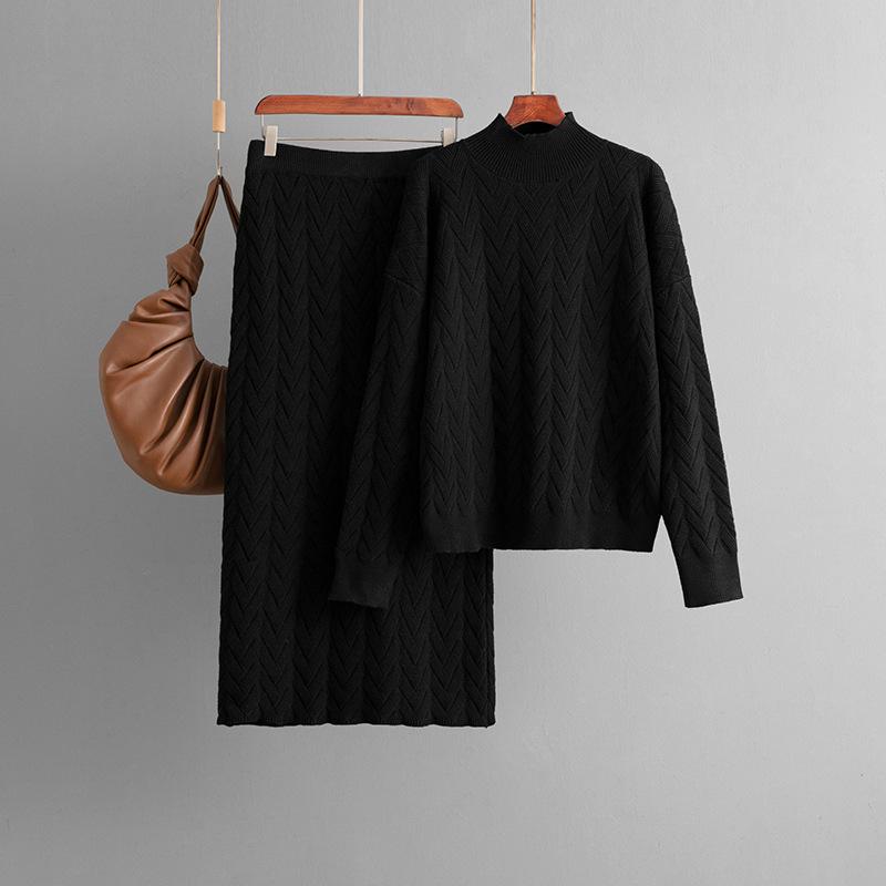Autumn And Winter Jacquard Half High Collar Long Sleeve Knitted Shirt Hoodie Top Half Skirt Two Piece Set