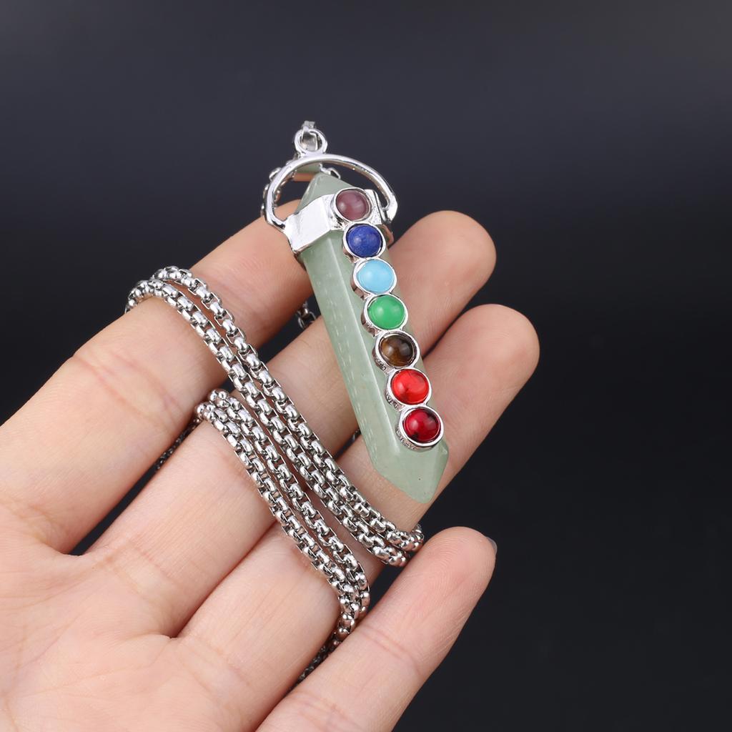 1Pc, Spiritual Healing Crystal Pendant Necklace, Geometric Double-pointed Hexagonal Pyramid Inlaid Seven Chakra Gems Charms Necklaces for Women Men