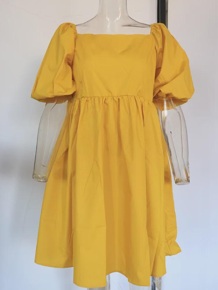 Miniabito a maniche a sbuffo monocolore: Monospalla con Scollo Quadrato e Sette Colori Primavera/Estate