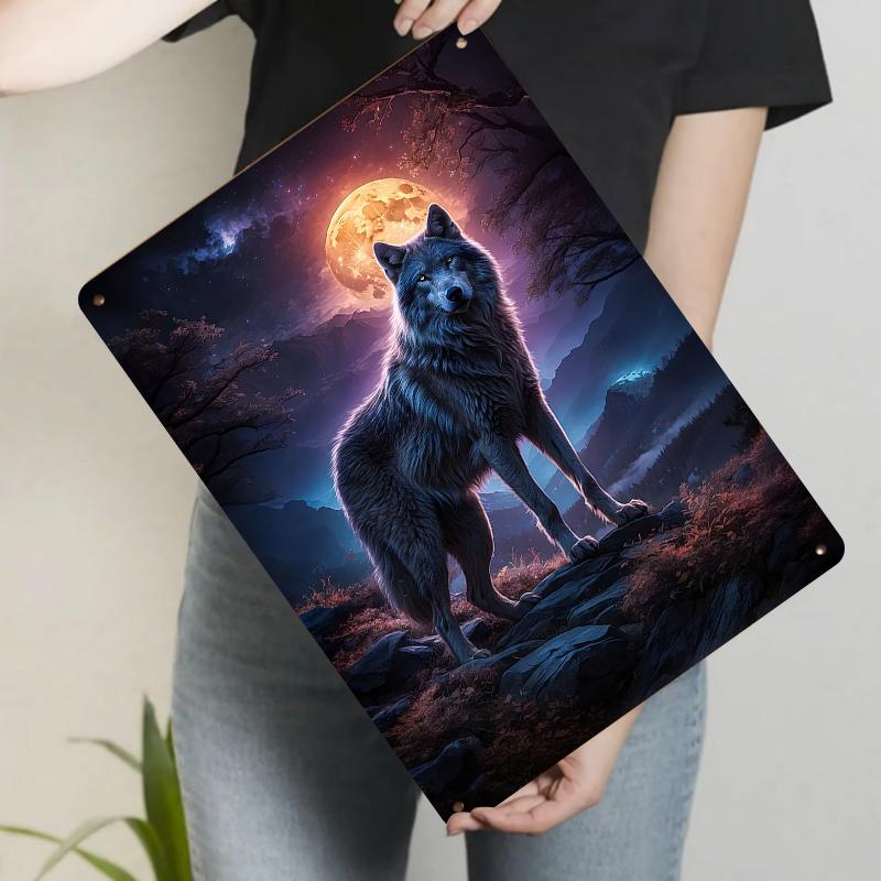 Moonlit Wolf Howling Metal Wall Art Decorative Painting for Living Room Bedroom Study Animal Art Mural 20x30cm(7.8x11.8inch)