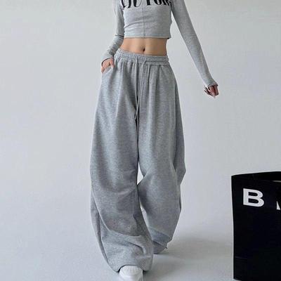 Women's Spring 2025 Straight-Leg Grey Sweatpants - Loose, Casual, Cargo-Style Wide-Leg Design