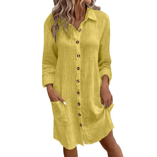 Women Dress Turn-down Collar Loose Long Sleeves Single-breasted Solid Color Shirt Type OL Commuting