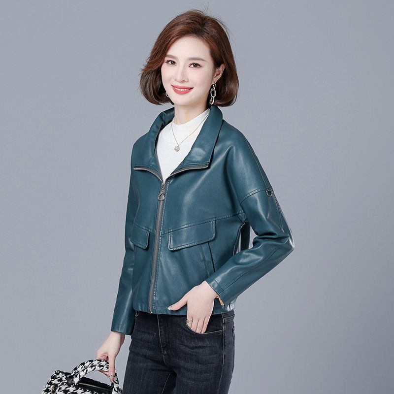 Women's  Autumn New Leather Leather Short Fashion Sheepskin Lapel Zipper Fashion Versatile Solid Color Leather Jackets