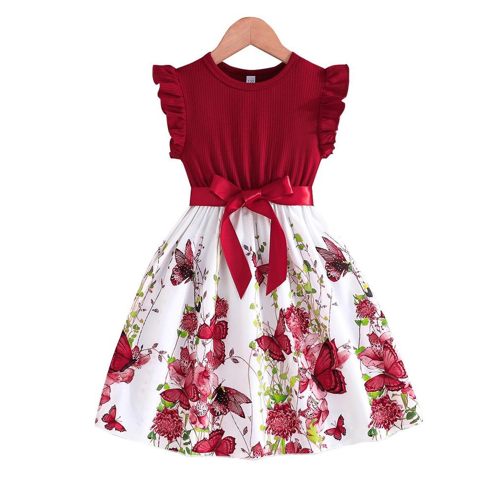 Girls' Butterfly Print Color Block Sleeveless Ruffle Dress with Belt