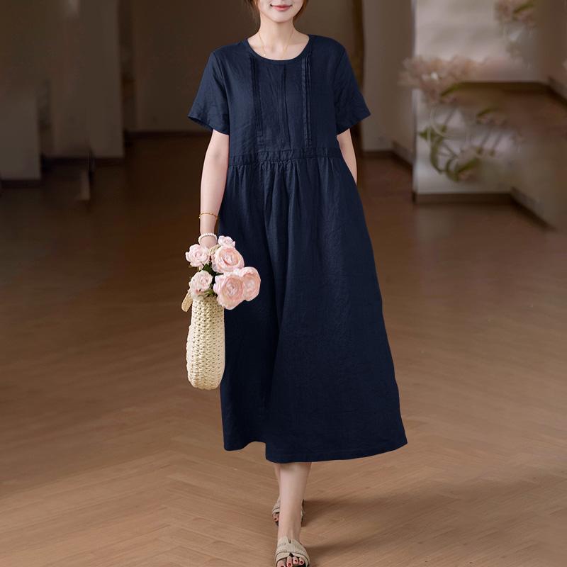 ZANZEA Damska luźna sukienka z krótkim rękawem i okrągłym dekoltem w jednolitym kolorze