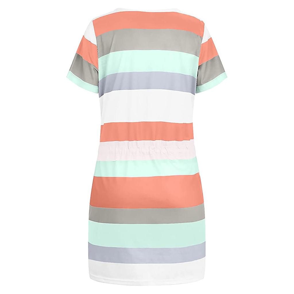 Women Summer Dresses Casual V-Neck Short Sleeve Bandage Stripe Printing Loose Dress