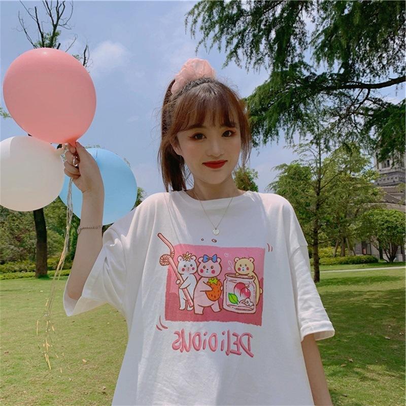 Summer New Small Fresh and Cute Cartoon Bear Print Loose Large Size Student Short-sleeved T-shirt Top Women