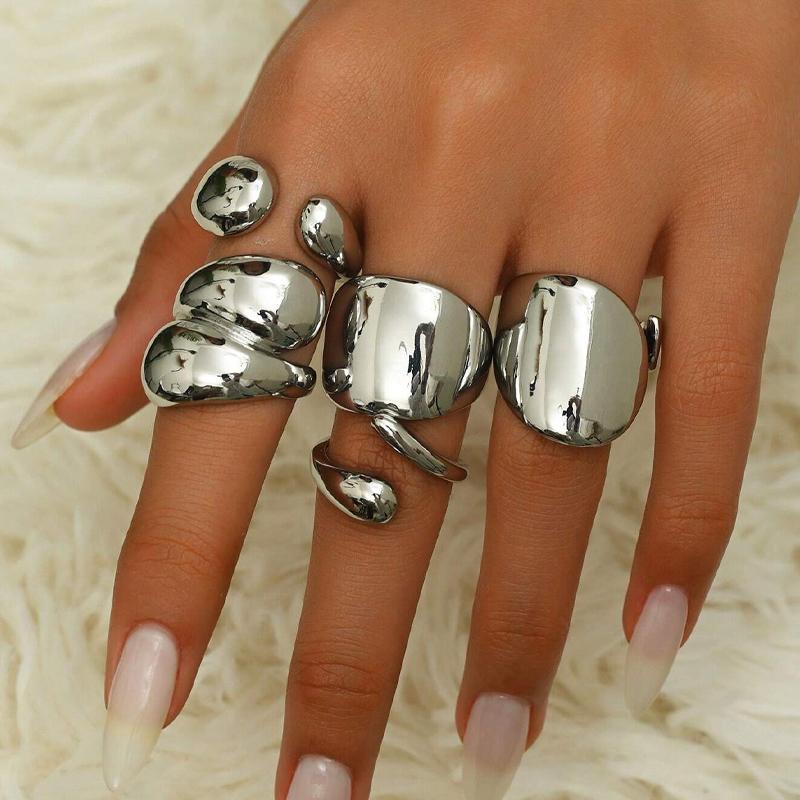 5pcs/Set Chunky Geometric Asymmetrical Stacked Metal Open Rings Set Smooth Exaggerated Cocktail Ring For Women Party Jewelry New