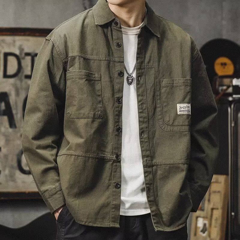 Autumn New Loose Casual American Vintage Work Jacket Men Solid Square Neck Button Pocket Badge Patchwork Long Sleeved Shirt
