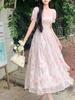 First Love Floral Chiffon Square Neck Elegant Summer Dress for Women, Plus Size, Waist-Cinched, Slimming, and Fairy Long.