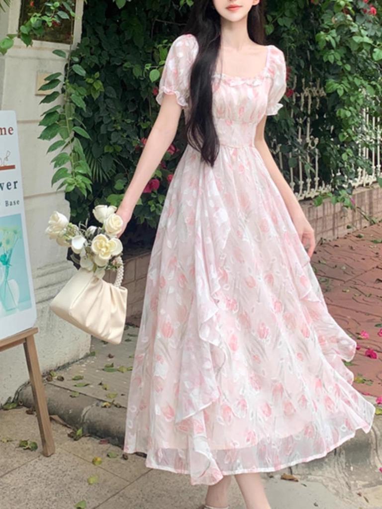 First Love Floral Chiffon Square Neck Elegant Summer Dress for Women, Plus Size, Waist-Cinched, Slimming, and Fairy Long.