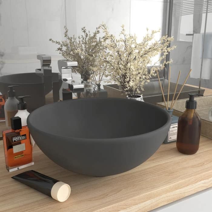 VidaXL Lavabo Rond de Luxe de Salle de Bain Vasque à Poser de Toilette Lave-mains Salle Cosmétique Intérieur Gris Foncé Mat 146972