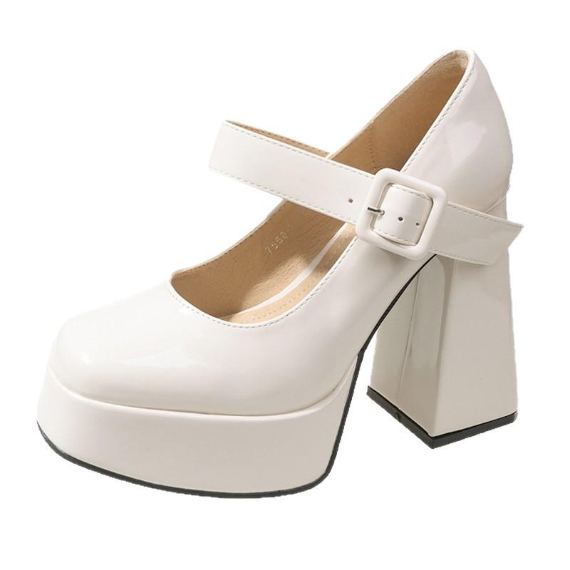French Mary Jane high heels women's white 2025 new waterproof platform thick-soled thick heel one-word buckle belt temperament single shoes