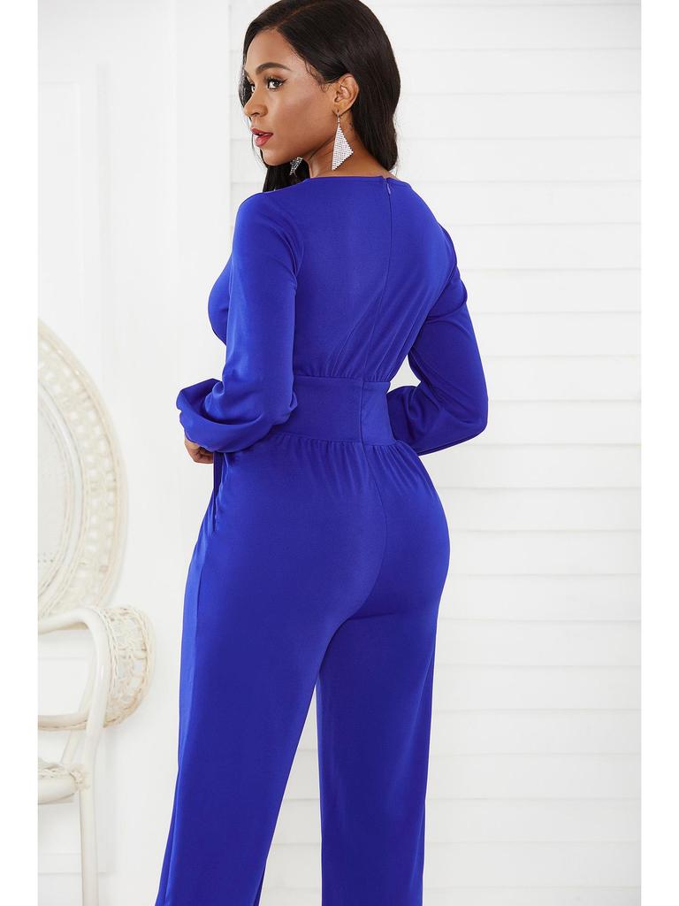 V-Ausschnitt Laternenärmel Weites Bein Jumpsuit für Damen - Herbst/Winter Mode