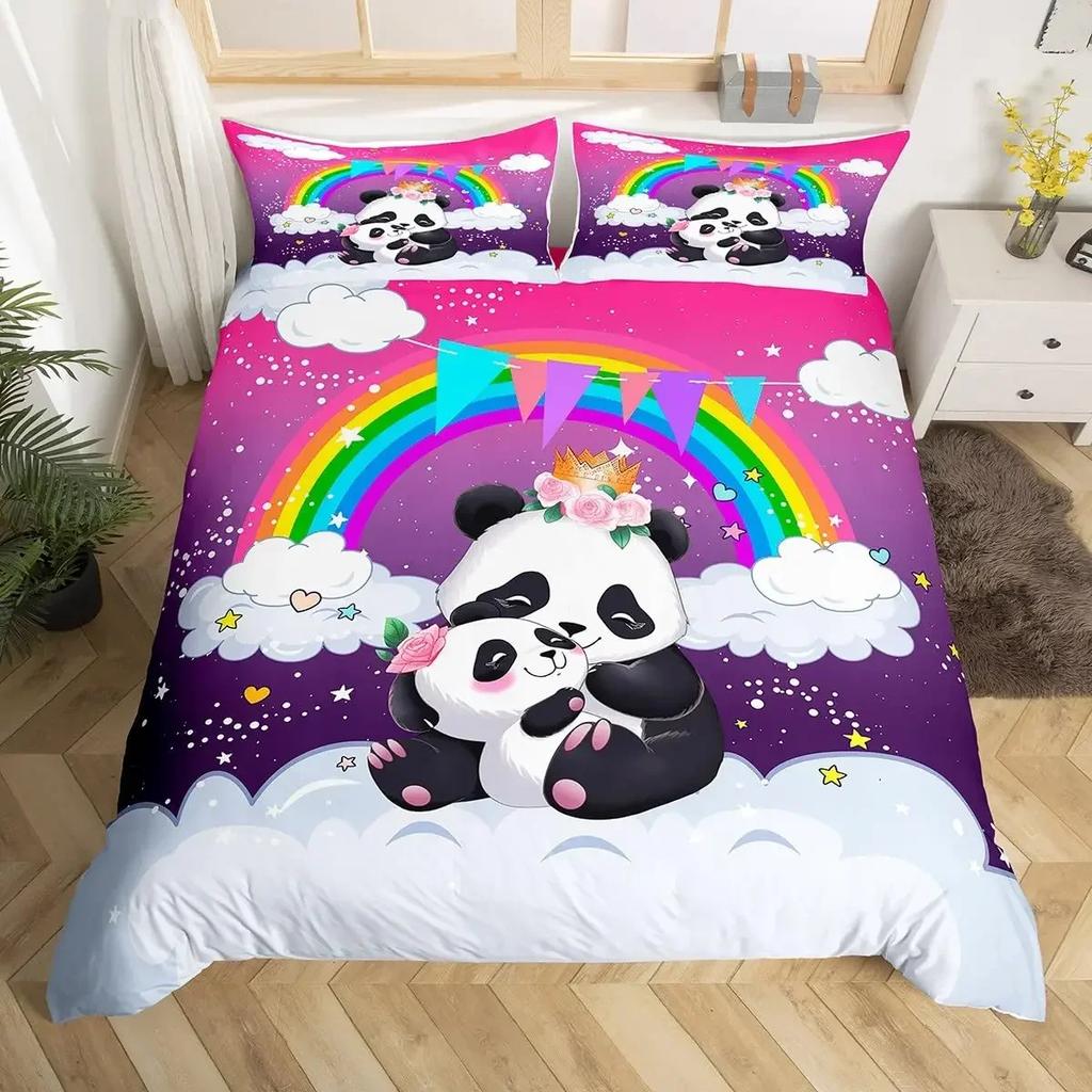 Panda Duvet Cover Cute Cartoon Animal Bedding Set Green Bamboo Print Comforter Cover Lovely Wild Animal Panda Bedspread Cover