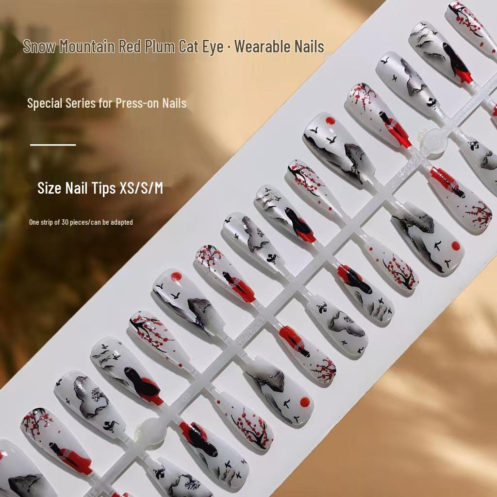 

Elegant Red Plum Cat Eye Wearable Nails - New Chinese Style Snow Mountain Design
