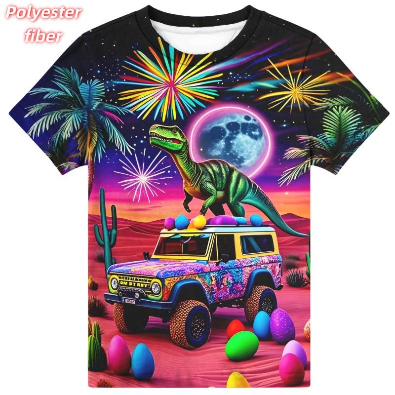 3D Print Dinosaur Car T-Shirt For Men Colorful Planet Pattern Tees Summer Street Casual Short Sleeve Tops Loose O-Neck T Shirts