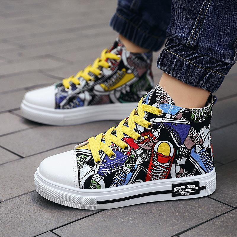 

High-top canvas shoes with shoelaces Boys floral cloth shoes Trend dance Skateboard shoes Medium older children s sports shoes Casual shoes 44