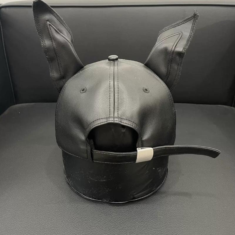 2000er Hundeohren Baseballkappe für Damen Herren Dystopische PU-Lederkappe Subkulturen Streetwear HipHop-Kappe Tägliche Party Kopfbedeckung
