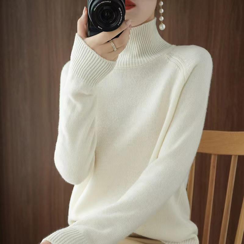 Women's Cashmere High Collar Pullover Sweater - Autumn/Winter 2023 Loose Knit, Solid Color 