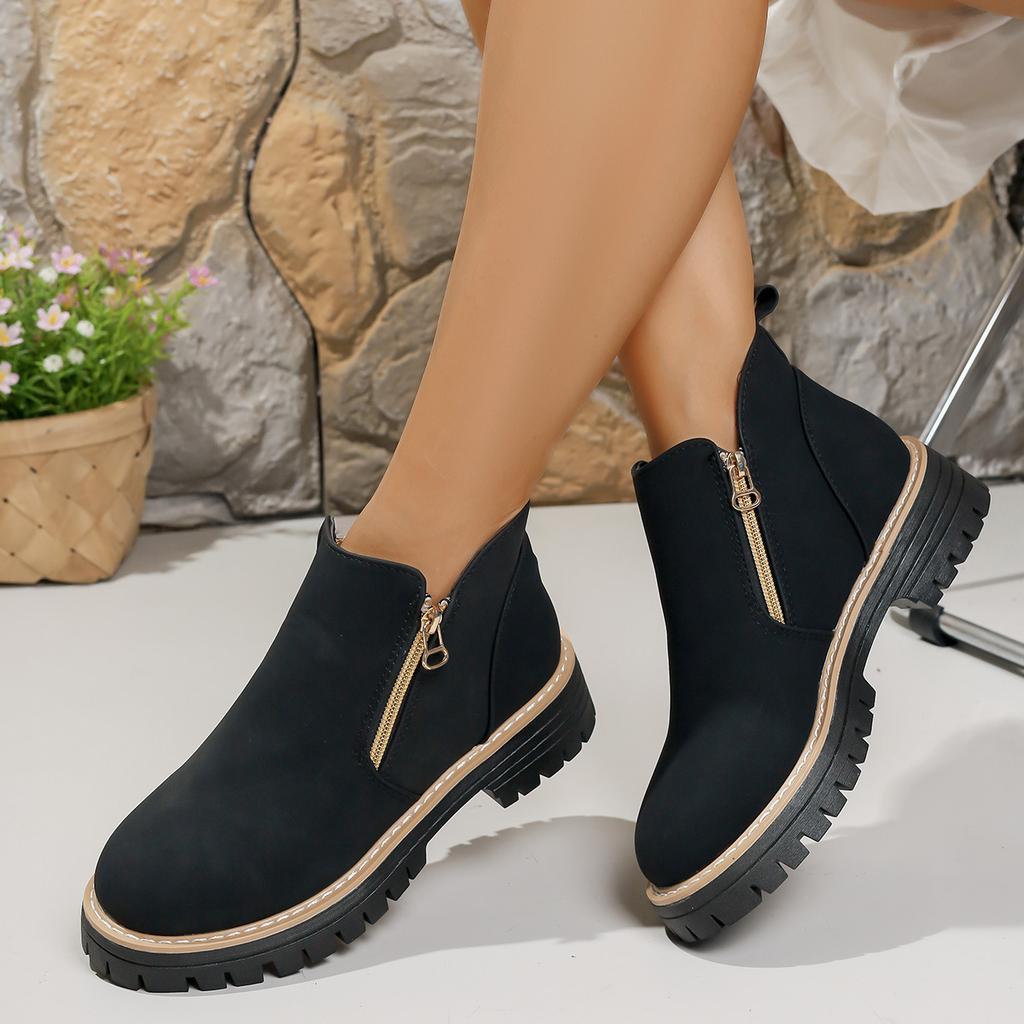 Women's Wide Width Round Toe Ankle Boots, Side Zipper Chunky Heel Martin Boots, Autumn Winter Short Boots for Women