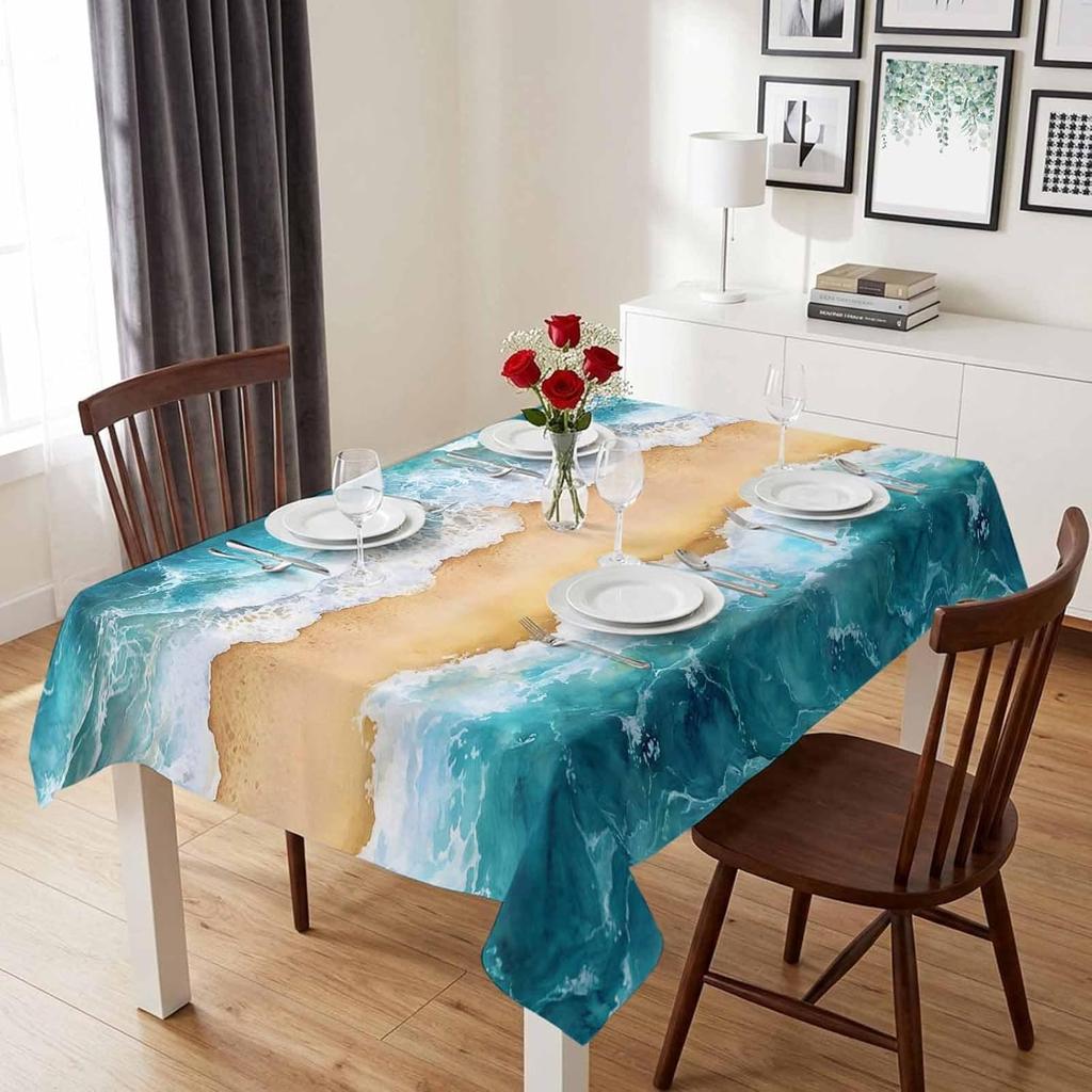 Nautical Ocean Sea Wave Waterproof Table Cloth for Table Decor Reusable Kitchen Dining Tablecloth Holiday Party Decorations