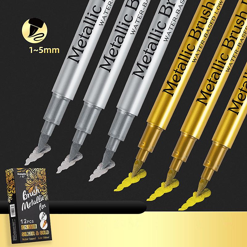 Conjunto de canetas marcadoras metálicas com pincel dourado e prateado, marcadores de arte permanentes para artistas, ilustrações, artesanato, scrapbooking, tecido