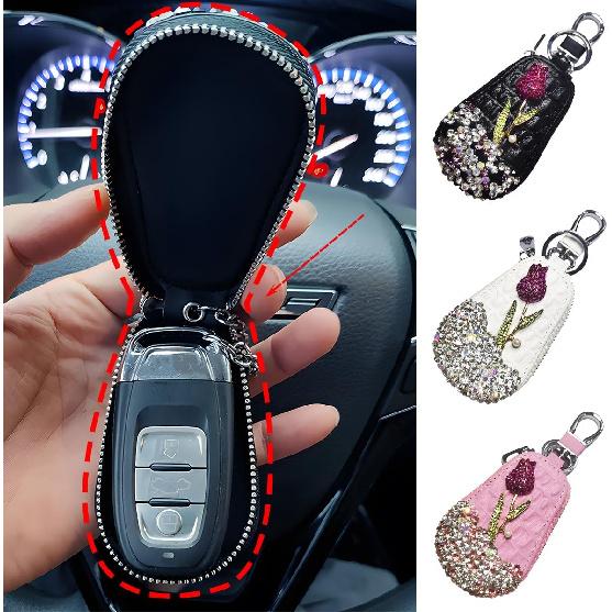 Mandark Bling Car Key Case,  Leather Crystal Rhinestone Vehicle Key Fob Protector, Automotive Smart Keychain Holder for Remote Key Fob, Universal
