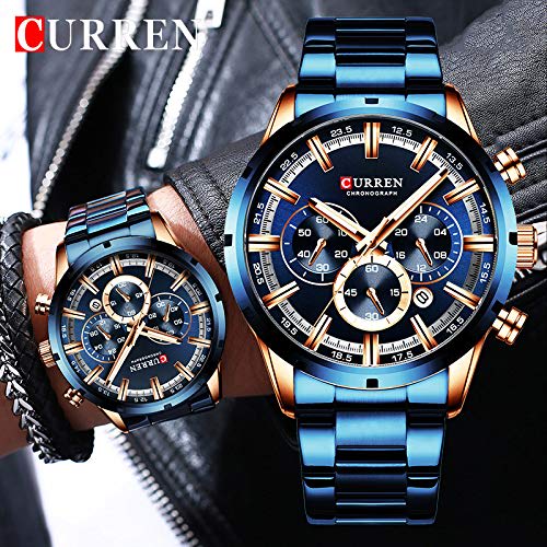Karen Men's Watch 3 Sub-Dial Analog Steel Business Quartz Clock Blue 8355