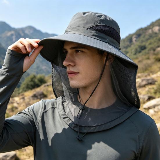 Outdoor Sun Hat with Mosquito Head Net Neck Flap Breathable Men Women Fishing Hiking Camping Climbing Face Netting Wide Brim Hat