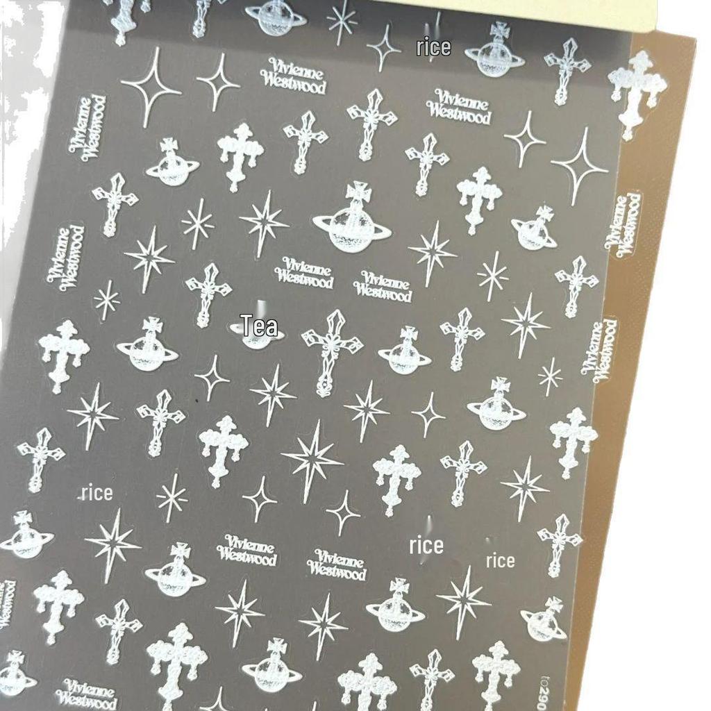 Retro Black Cross Embossed 3D Nail Art Stickers with White Starry Decorations