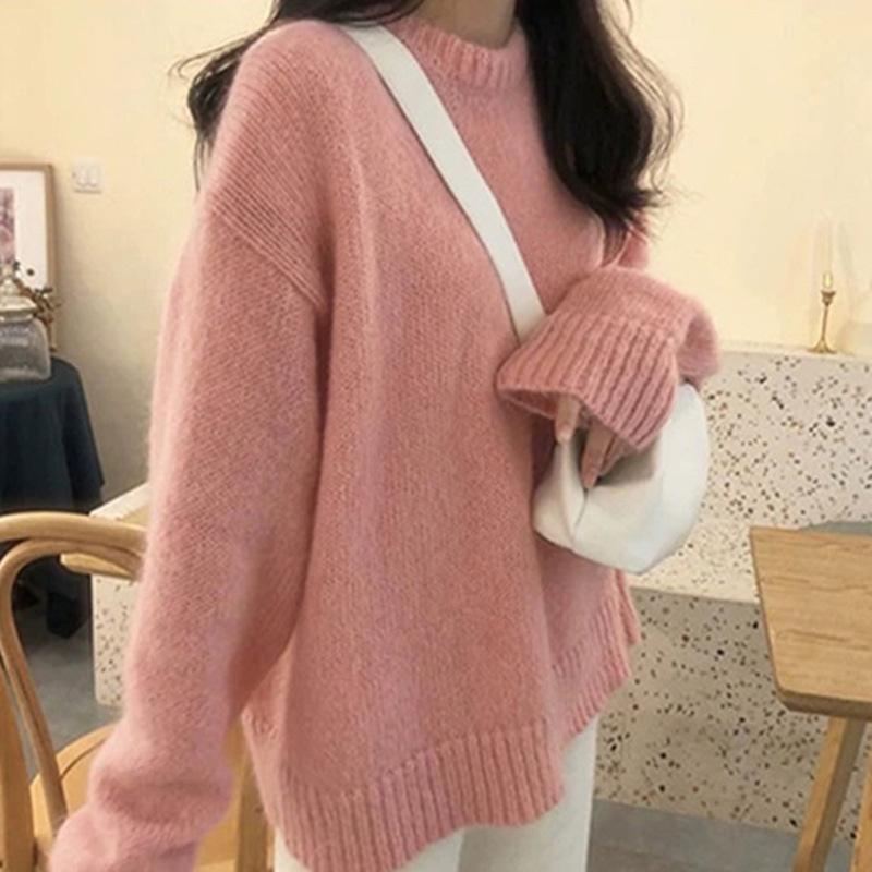 Suéter de Invierno para Mujer Oversize Cuello Redondo Engrosado Suelto Suave Casual Color Sólido Manga Larga Punto Jerséis