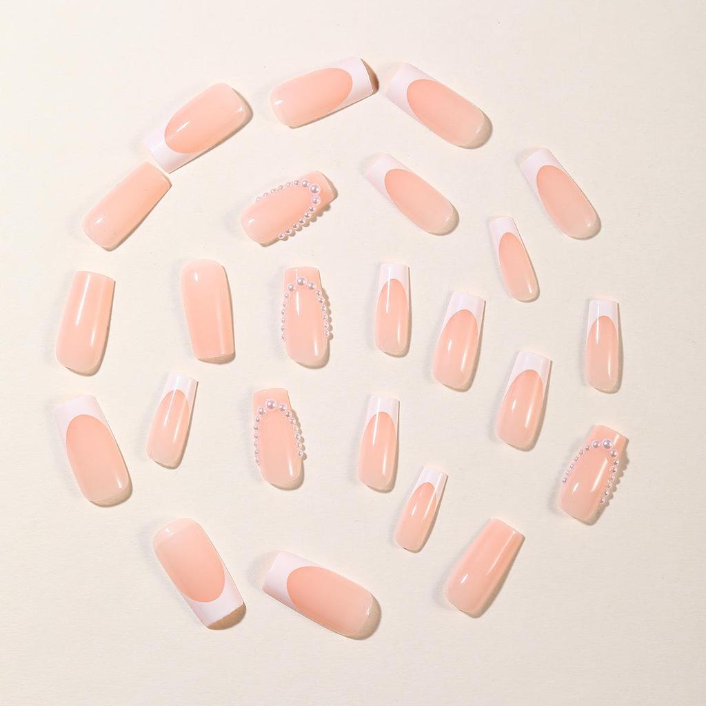 Unghii False Albe Perlate de Lungime Medie cu Vârf Francez Detașabile - Plasturi Minimaliști pentru Nail Art