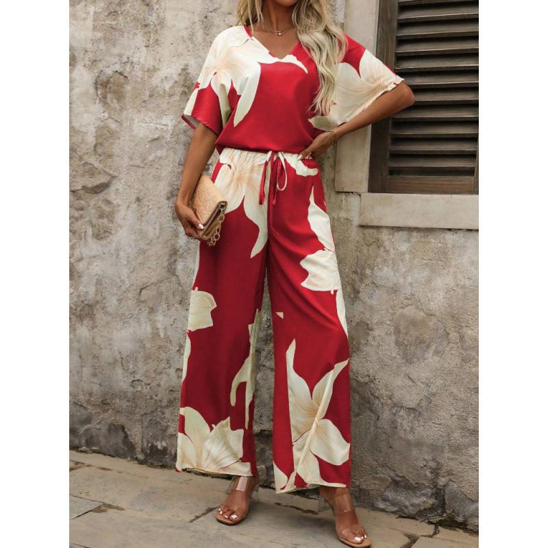 1116 Summer European and American suit printed V-neck bat sleeve top long pants fashion source
