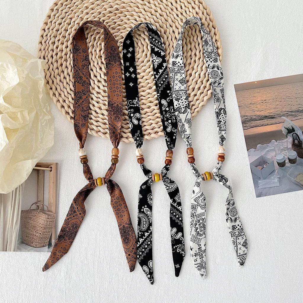 Korean version of versatile classic leopard print beaded silk scarf women's summer decoration long strip small scarf adjustable thin scarf