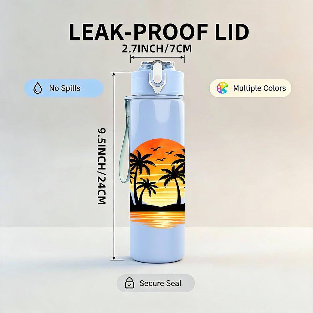 1PC Palm Tree Sunset Tropical Scenery Print 750ml Color Plastic Sports Water Bottle Leakproof Flip Straw Lid Suitable for Sports Office Home Use