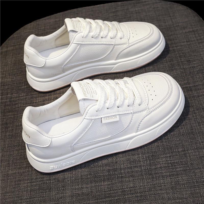 Women's Versatile Thick-Soled White Leather Sneakers for Spring & Autumn - Casual Sports & Skate Shoes