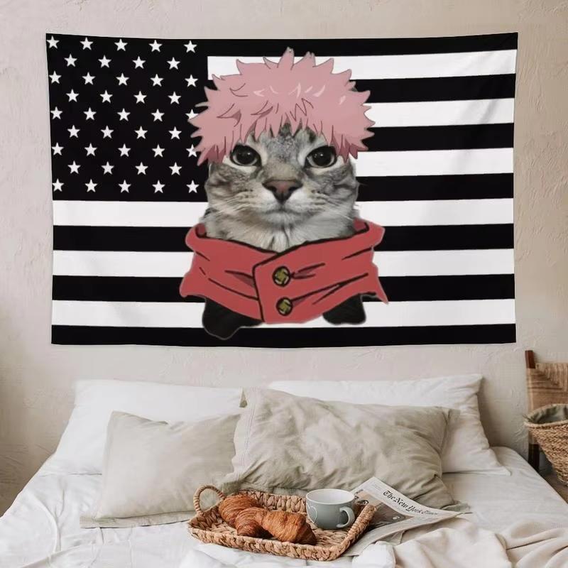 Black American Flag Tapestry Jujutsu Kaisen Style Anime Decor Funny Wall Hanging for Anime Fans Room